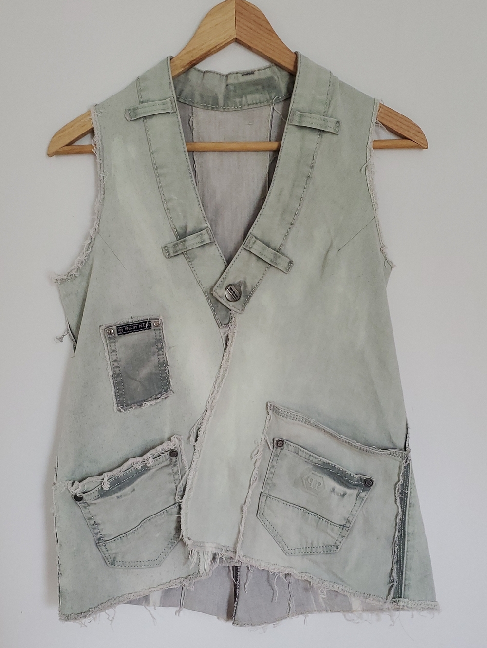 Luxury Designer Philipp Plein Pale Sage Distressed Denim Patch Vest Detail